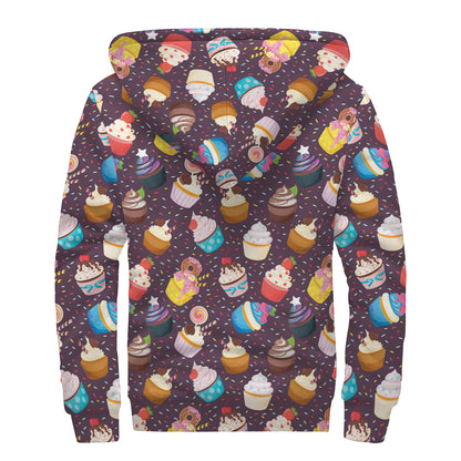 Cute Cupcake Pattern Print Sherpa Lined Zip Up Hoodie
