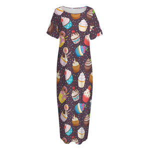 Cute Cupcake Pattern Print Short Sleeve Long Nightdress