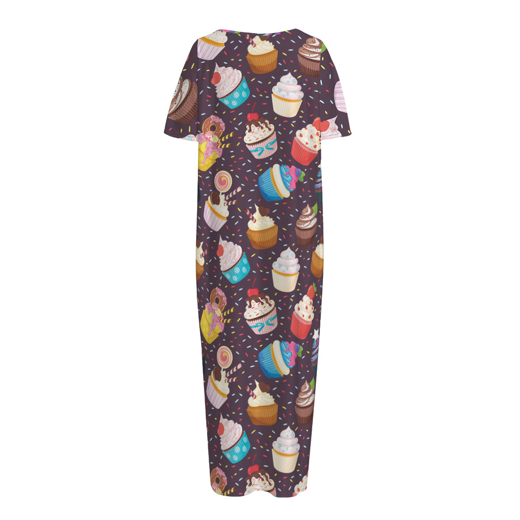 Cute Cupcake Pattern Print Short Sleeve Long Nightdress