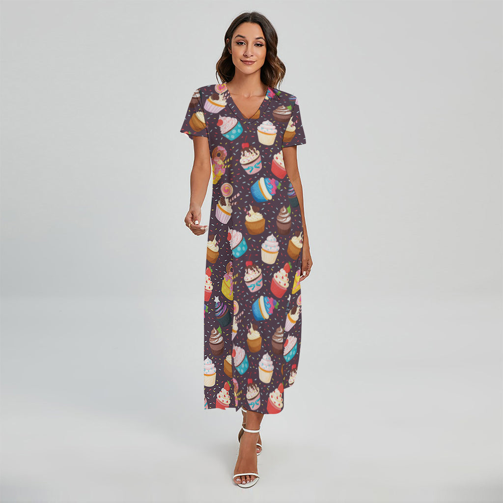 Cute Cupcake Pattern Print Short Sleeve Maxi Dress