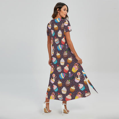 Cute Cupcake Pattern Print Short Sleeve Maxi Dress
