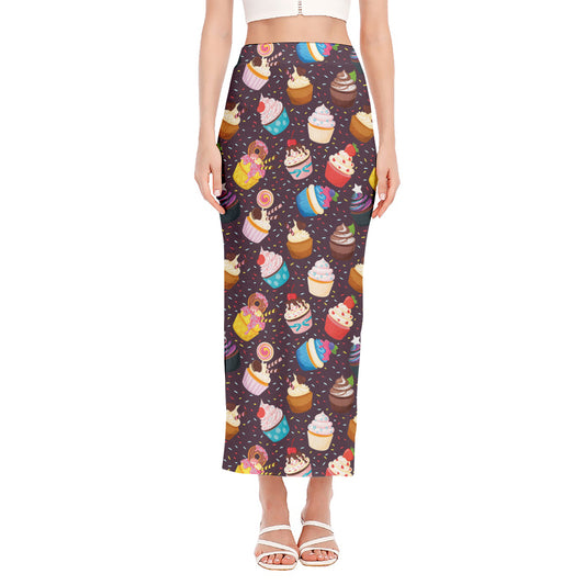 Cute Cupcake Pattern Print Side Slit Maxi Skirt