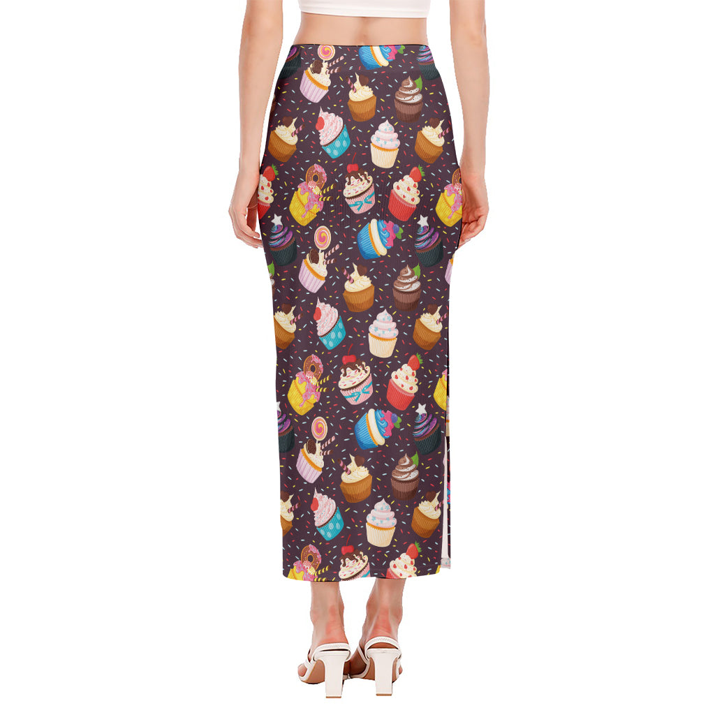 Cute Cupcake Pattern Print Side Slit Maxi Skirt