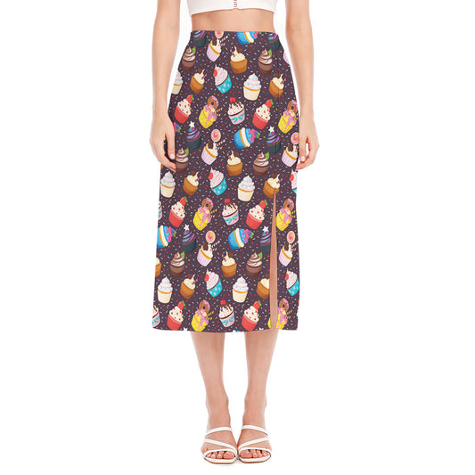 Cute Cupcake Pattern Print Side Slit Midi Skirt