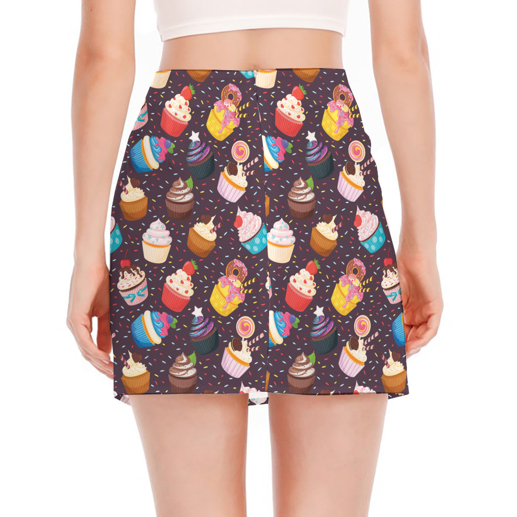 Cute Cupcake Pattern Print Side Slit Mini Skirt