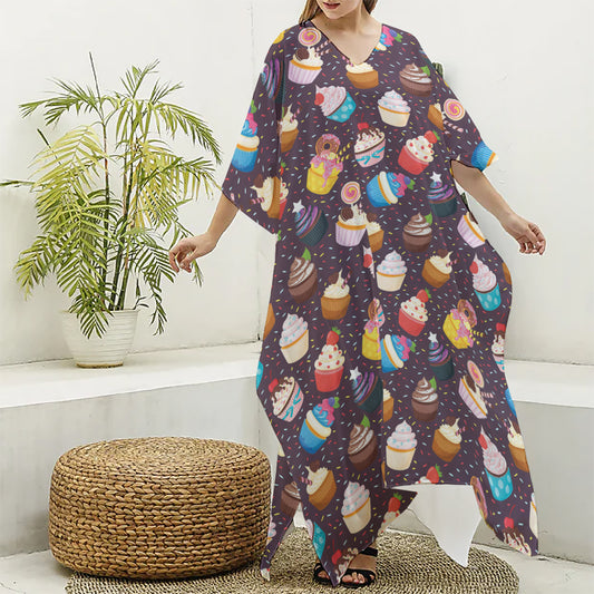 Cute Cupcake Pattern Print Silk V-Neck Kaftan Dress