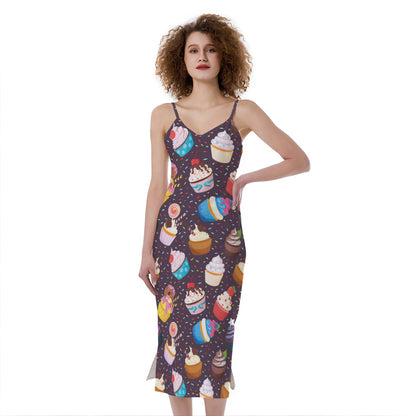 Cute Cupcake Pattern Print Slim Fit Midi Cami Dress