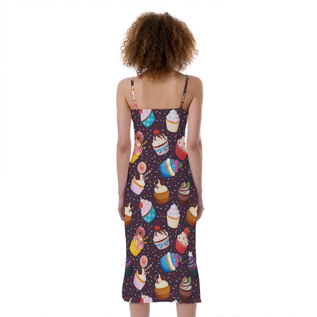 Cute Cupcake Pattern Print Slim Fit Midi Cami Dress
