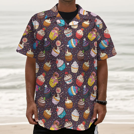Cute Cupcake Pattern Print Textured Short Sleeve Shirt