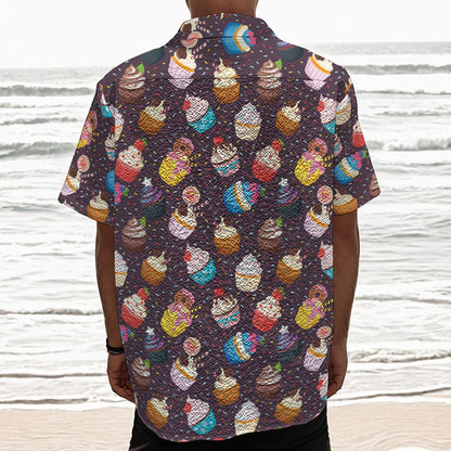 Cute Cupcake Pattern Print Textured Short Sleeve Shirt