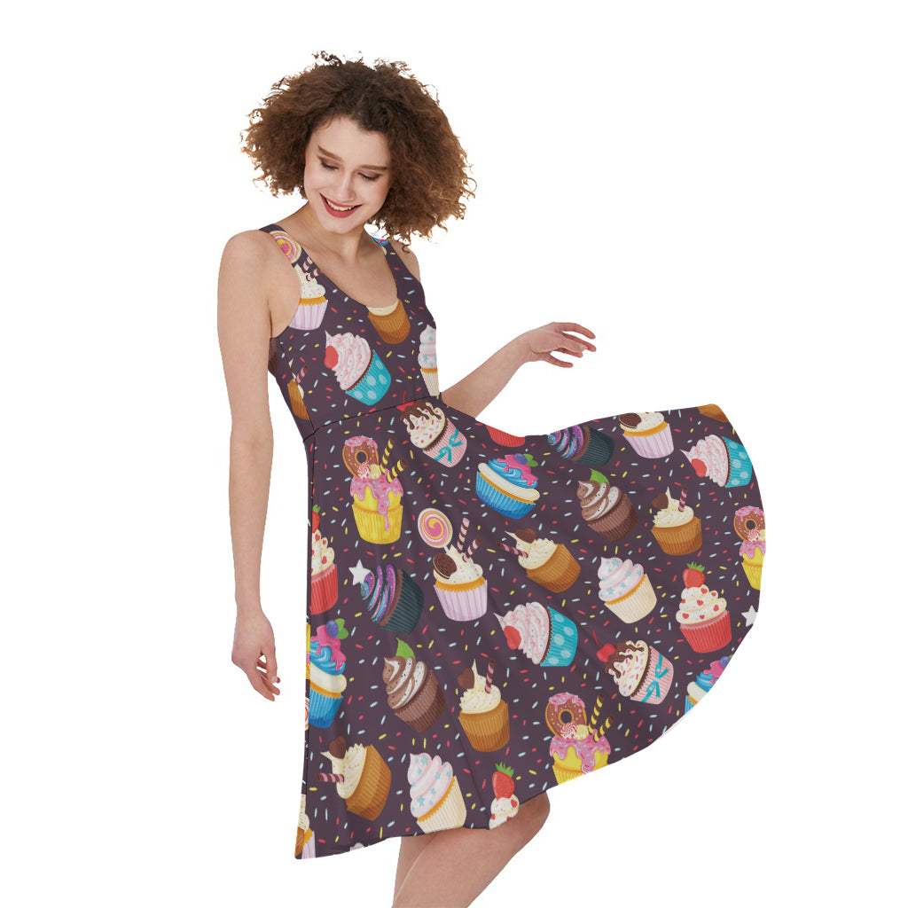 Cute Cupcake Pattern Print Women's Sleeveless Dress