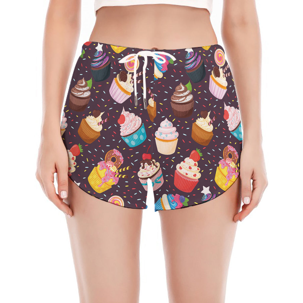 Cute Cupcake Pattern Print Women's Split Running Shorts