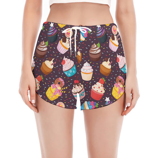 Cute Cupcake Pattern Print Women's Split Running Shorts