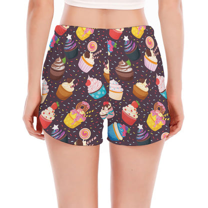 Cute Cupcake Pattern Print Women's Split Running Shorts