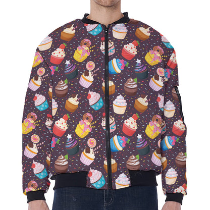 Cute Cupcake Pattern Print Zip Sleeve Bomber Jacket
