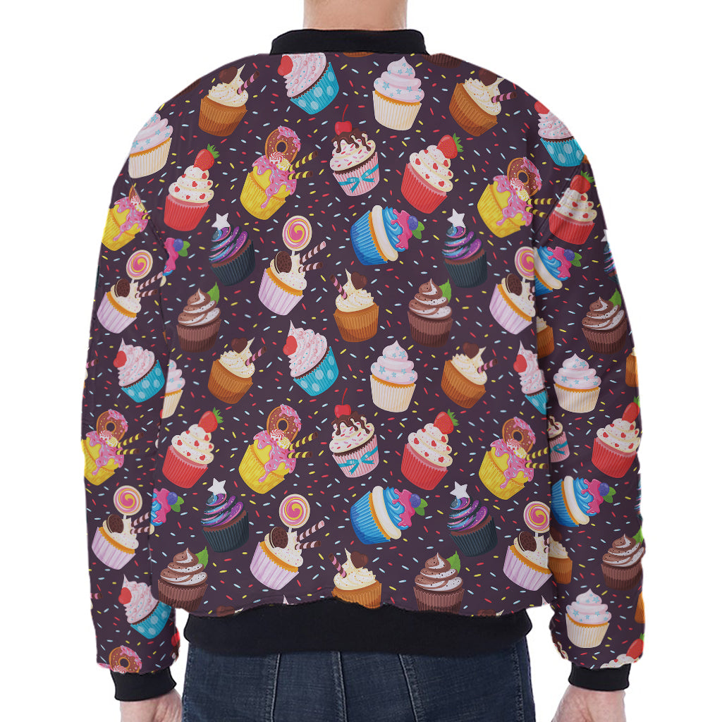 Cute Cupcake Pattern Print Zip Sleeve Bomber Jacket
