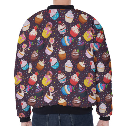 Cute Cupcake Pattern Print Zip Sleeve Bomber Jacket