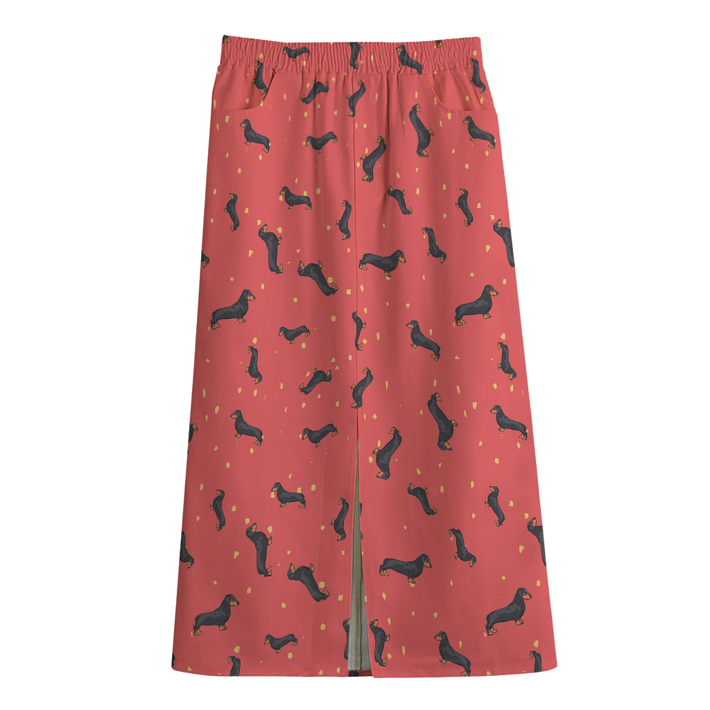 Cute Dachshund Pattern Print Cotton Front Slit Maxi Skirt