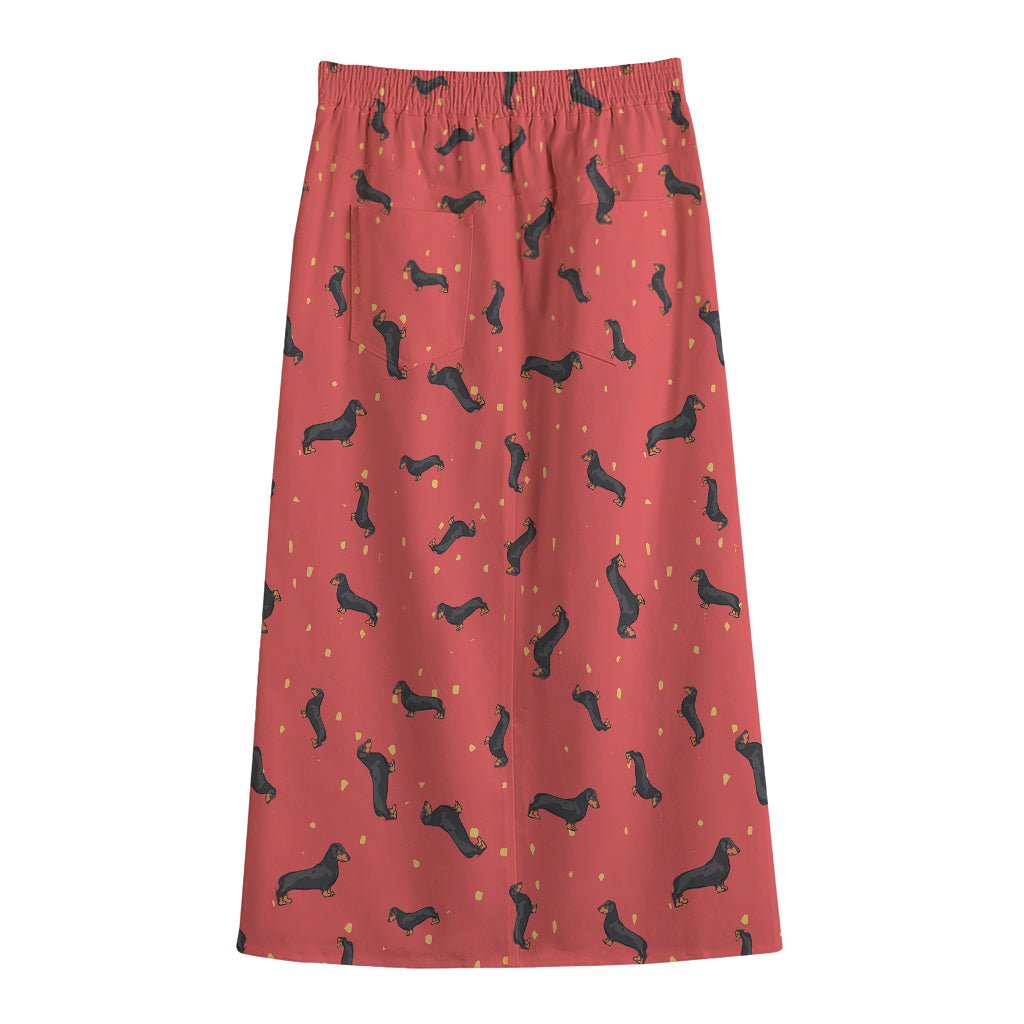 Cute Dachshund Pattern Print Cotton Front Slit Maxi Skirt