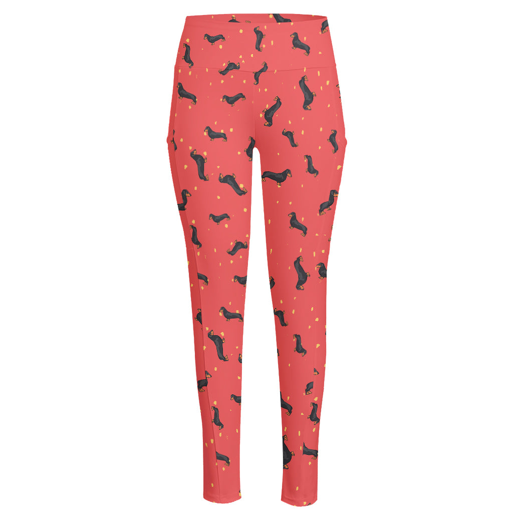 Cute Dachshund Pattern Print High-Waisted Pocket Leggings