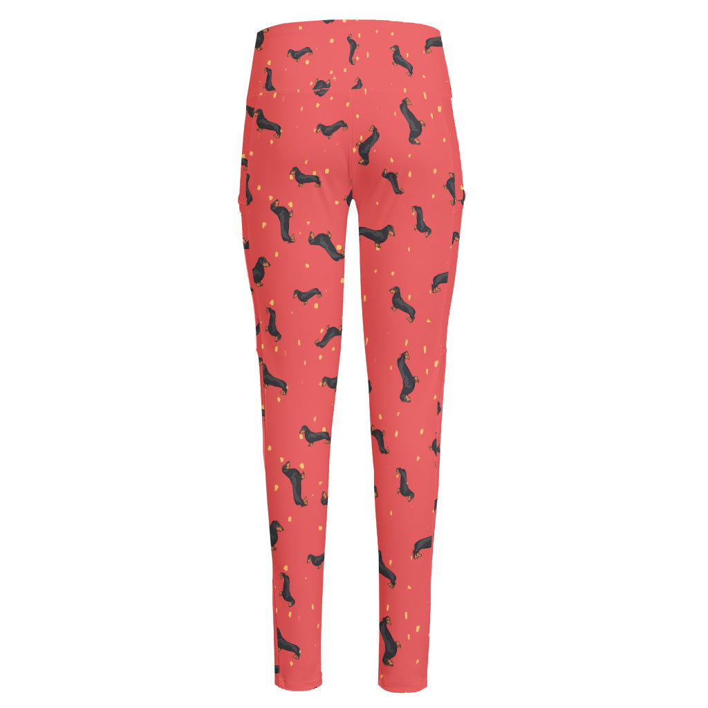 Cute Dachshund Pattern Print High-Waisted Pocket Leggings