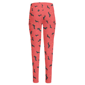 Cute Dachshund Pattern Print High-Waisted Pocket Leggings