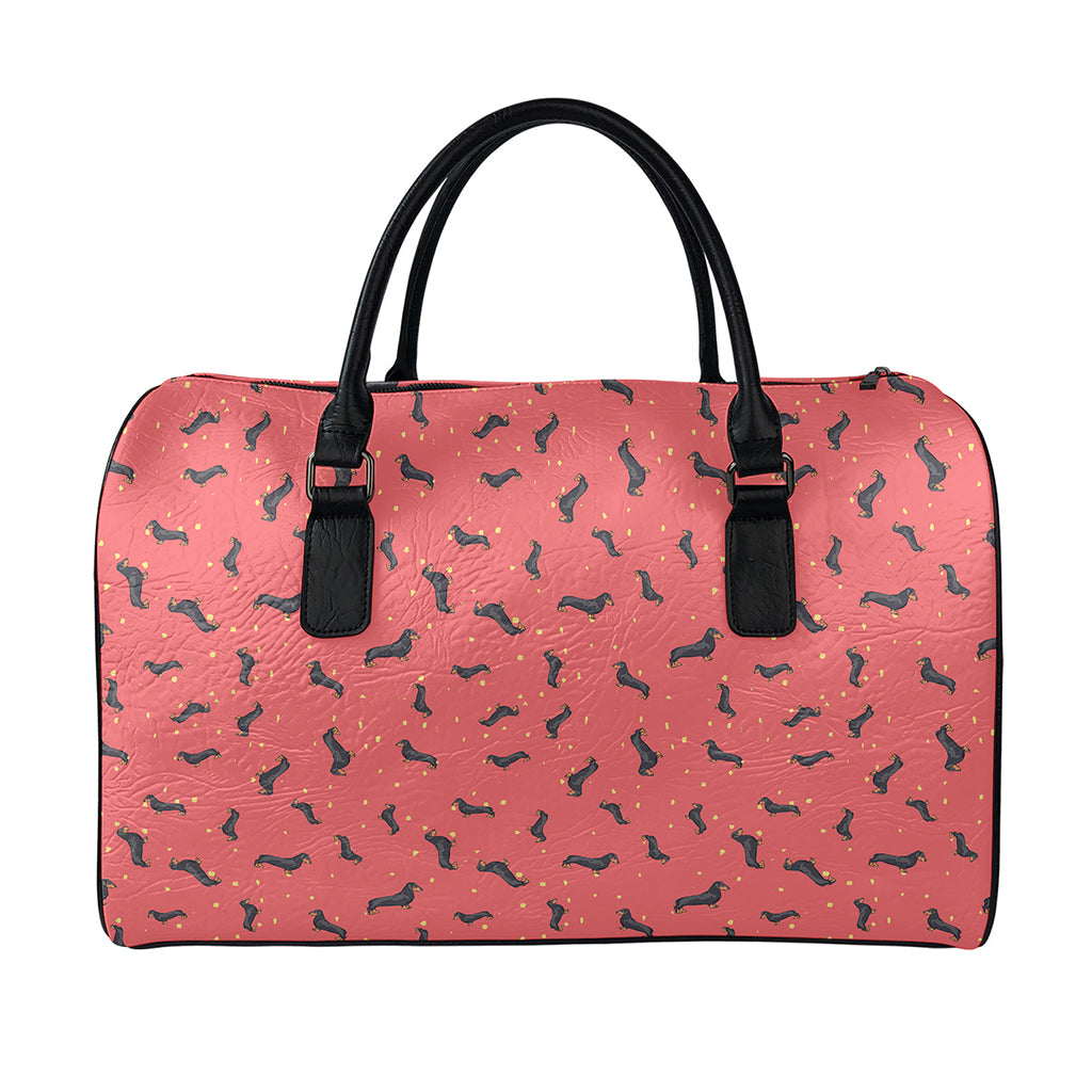 Cute Dachshund Pattern Print Leather Duffle Bag