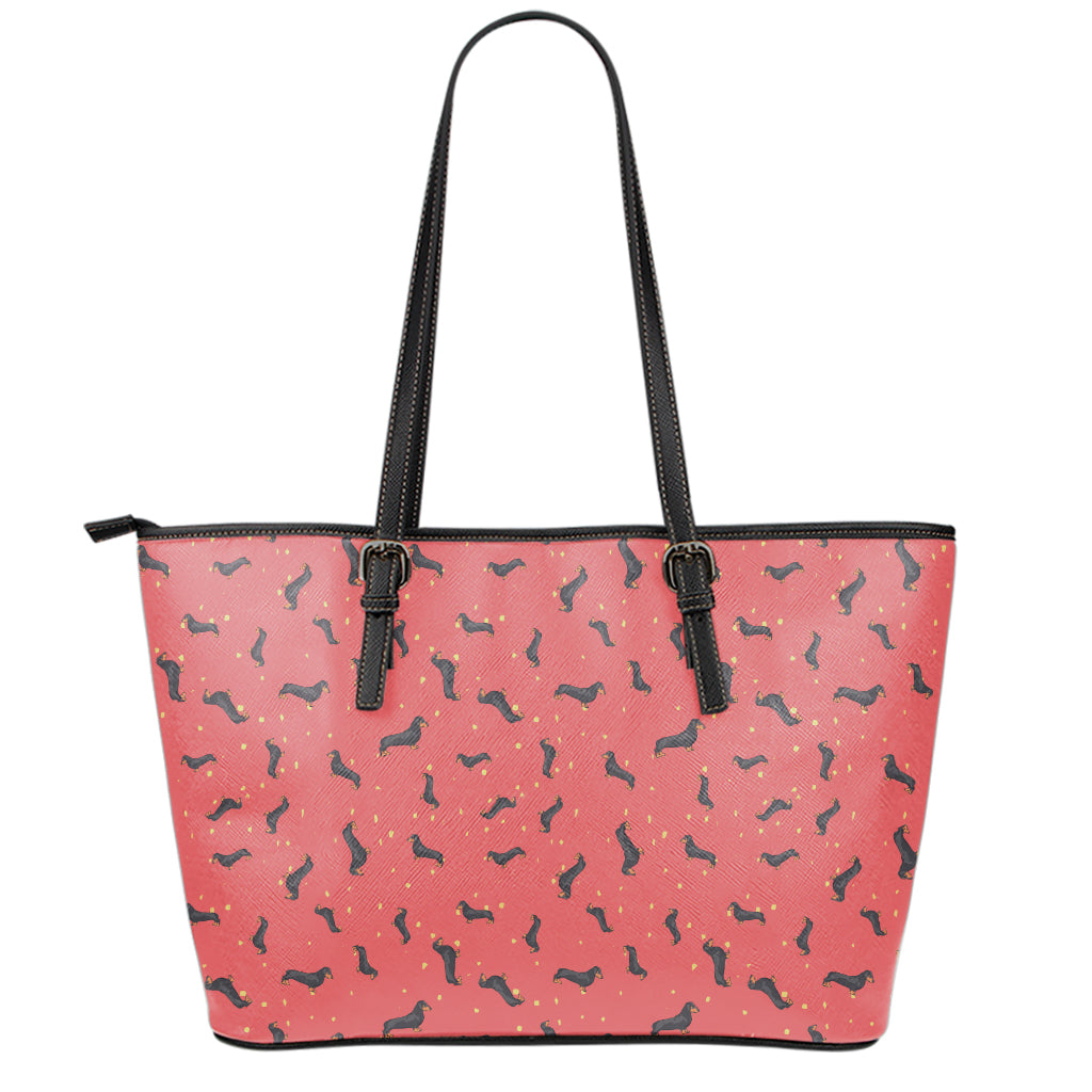 Cute Dachshund Pattern Print Leather Tote Bag