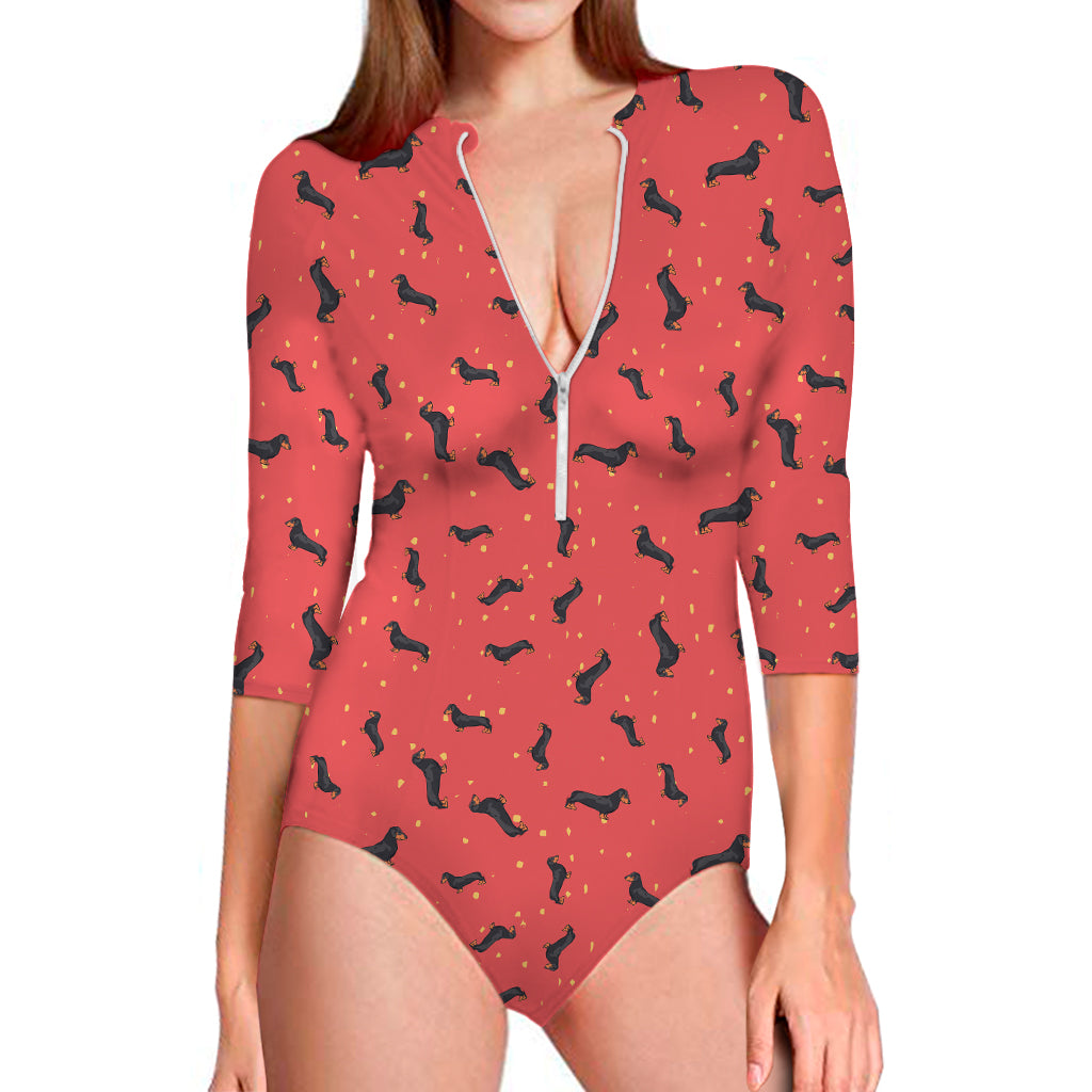 Cute Dachshund Pattern Print Long Sleeve Swimsuit