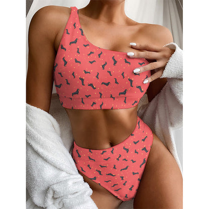 Cute Dachshund Pattern Print One Shoulder Bikini Top