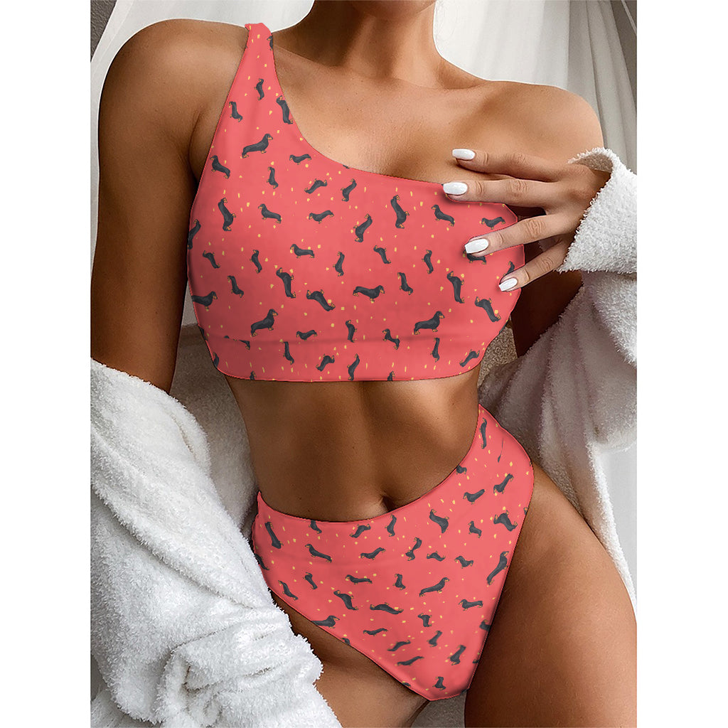 Cute Dachshund Pattern Print One Shoulder Bikini Top