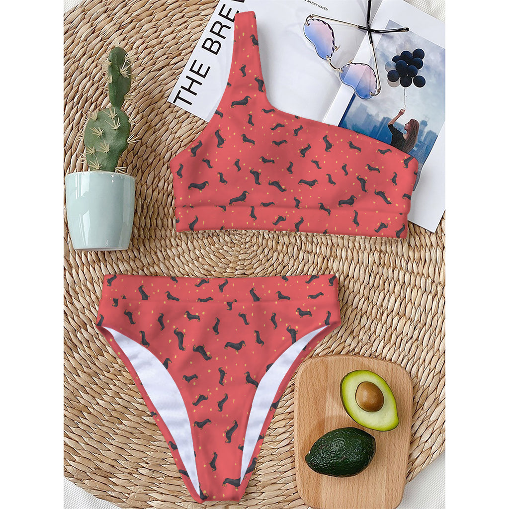 Cute Dachshund Pattern Print One Shoulder Bikini Top