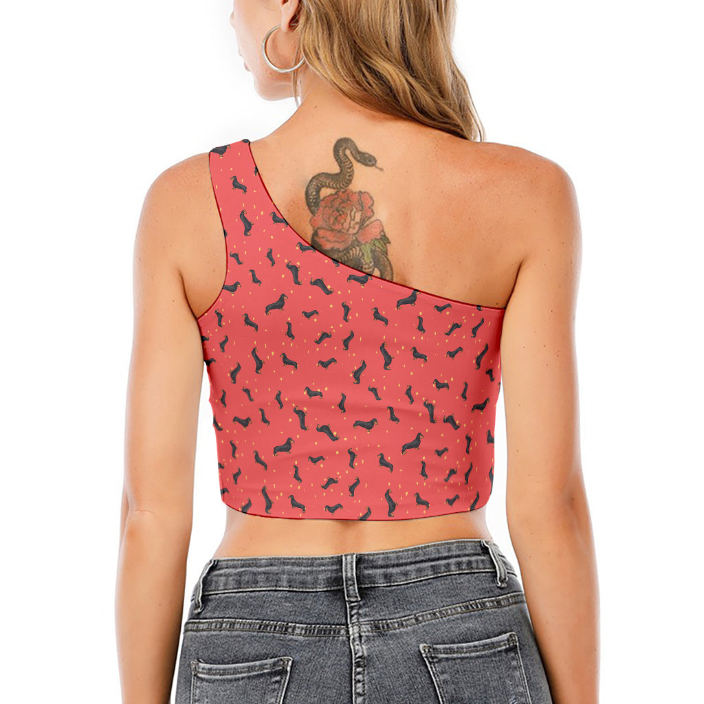 Cute Dachshund Pattern Print One Shoulder Crop Top