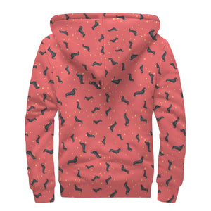 Cute Dachshund Pattern Print Sherpa Lined Zip Up Hoodie