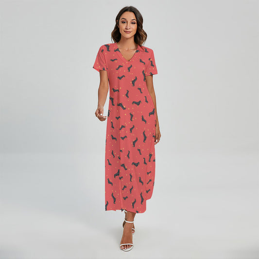 Cute Dachshund Pattern Print Short Sleeve Maxi Dress
