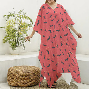 Cute Dachshund Pattern Print Silk V-Neck Kaftan Dress