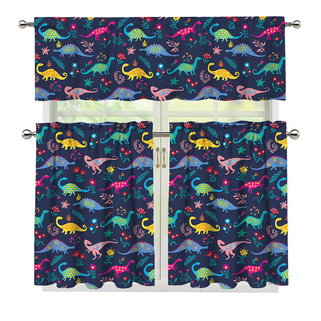 Cute Dino Floral Pattern Print 3 Piece Kitchen Curtains