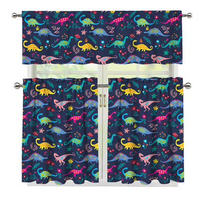 Cute Dino Floral Pattern Print 3 Piece Kitchen Curtains