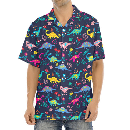 Cute Dino Floral Pattern Print Aloha Shirt