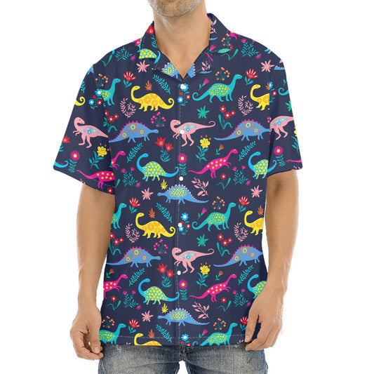 Cute Dino Floral Pattern Print Aloha Shirt