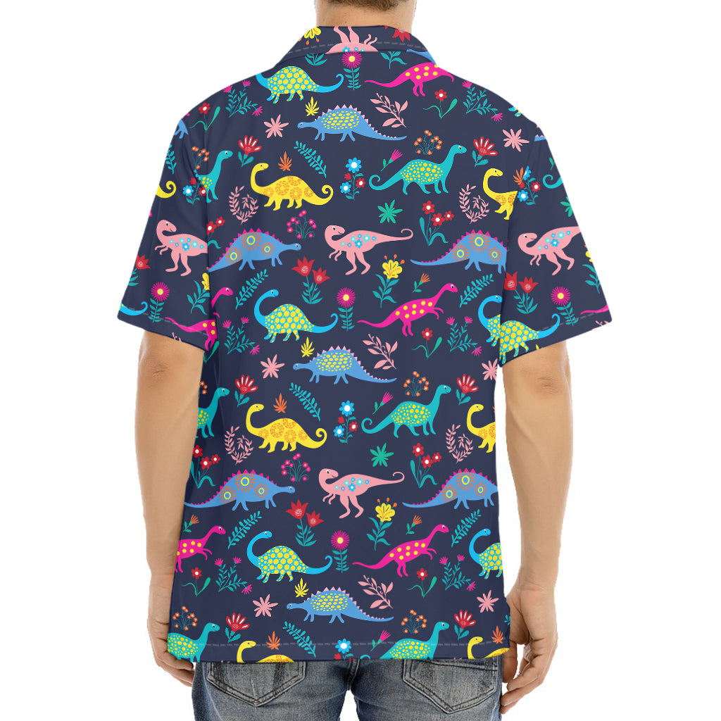 Cute Dino Floral Pattern Print Aloha Shirt