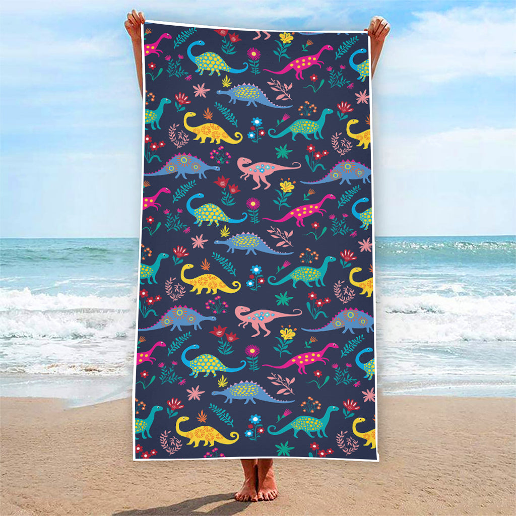 Cute Dino Floral Pattern Print Beach Towel