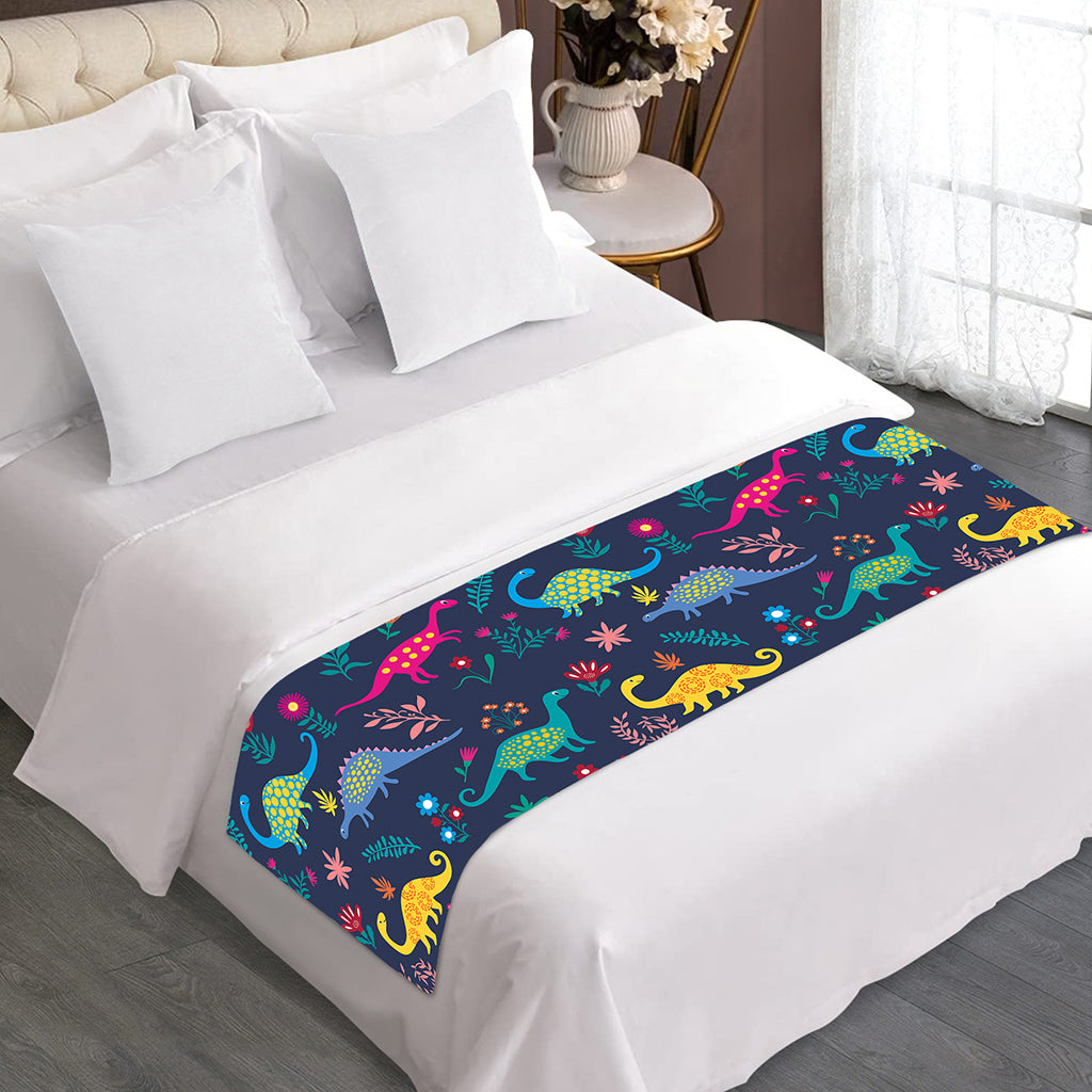 Cute Dino Floral Pattern Print Bed Runner