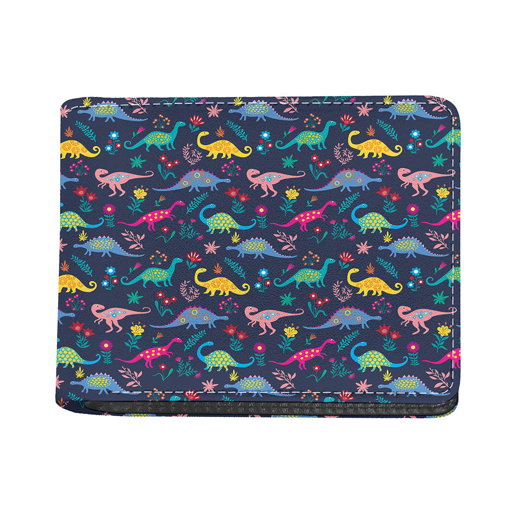 Cute Dino Floral Pattern Print Bifold Wallet