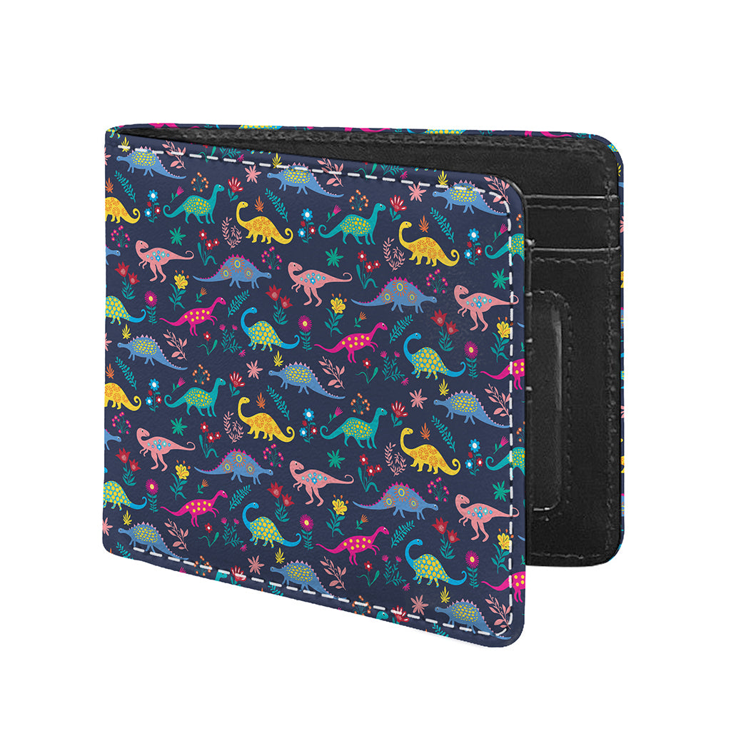 Cute Dino Floral Pattern Print Bifold Wallet