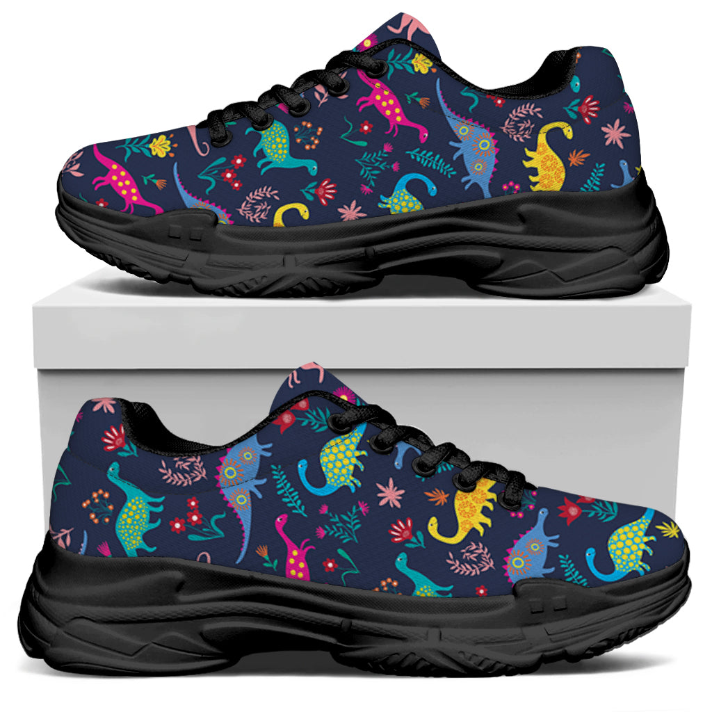 Cute Dino Floral Pattern Print Black Chunky Shoes