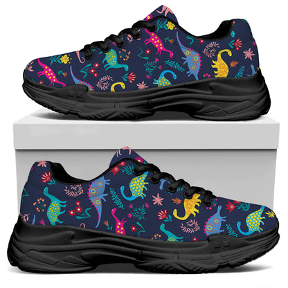 Cute Dino Floral Pattern Print Black Chunky Shoes