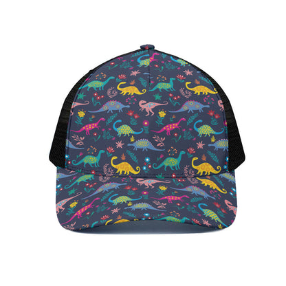 Cute Dino Floral Pattern Print Black Mesh Trucker Cap