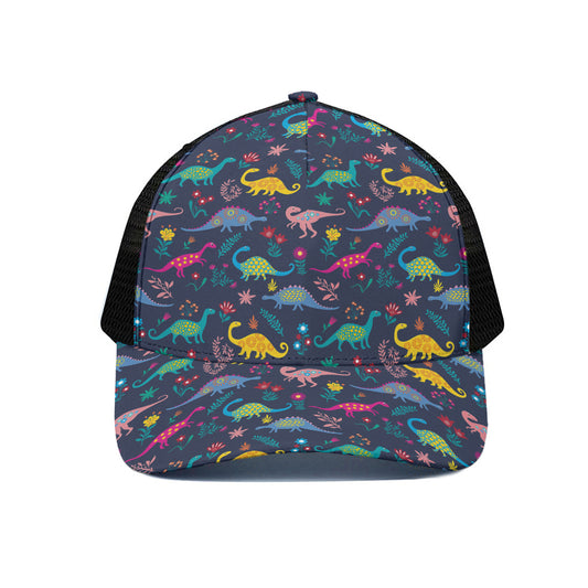 Cute Dino Floral Pattern Print Black Mesh Trucker Cap