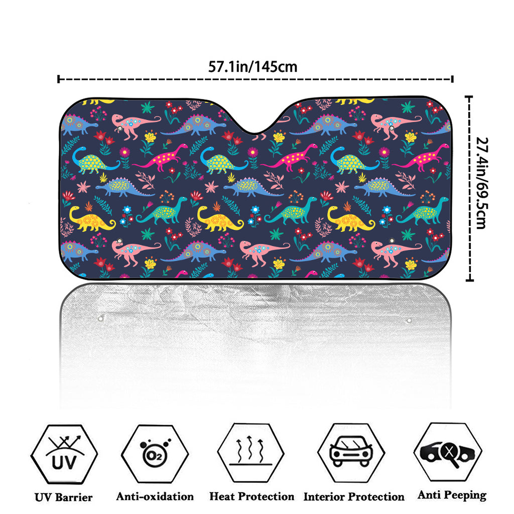 Cute Dino Floral Pattern Print Car Windshield Sun Shade